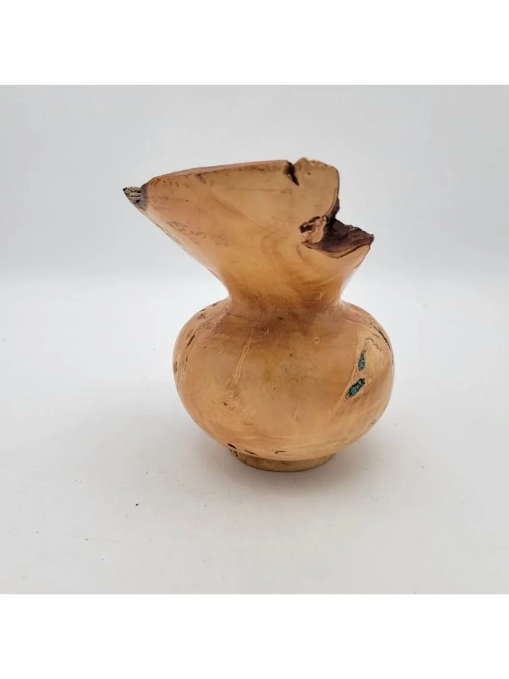 Natural Raw Edge Burl Wood Vase With Turquoise Inlay Handcrafted